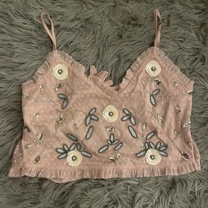 Cropped embroidered top with ties in back